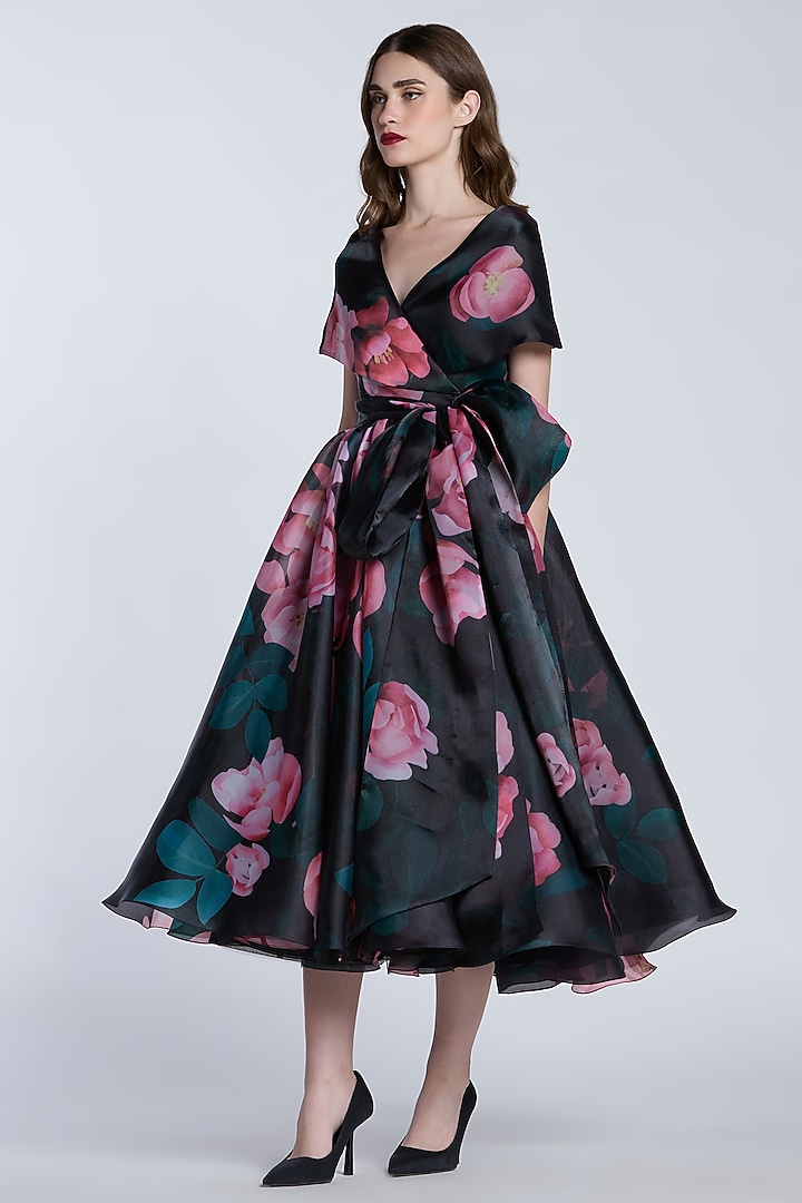 Black & Pink Organza Printed Wrap Party Wear Dress by Gauri and Nainika at Pernia's Pop Up Shop