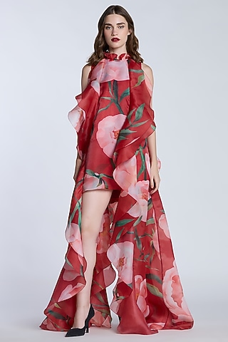 Red & Pink Organza Printed High-Low Shift Dress by Gauri and Nainika