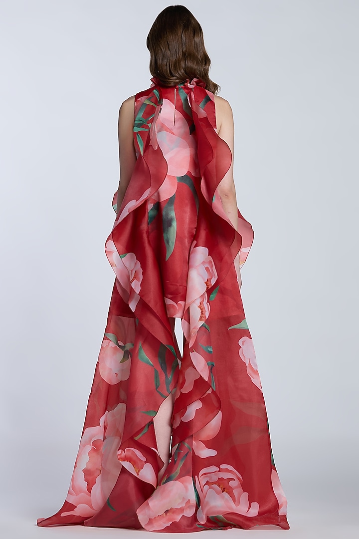 Red & Pink Organza Printed High-Low Shift Party Wear Dress by Gauri and Nainika at Pernia's Pop Up Shop