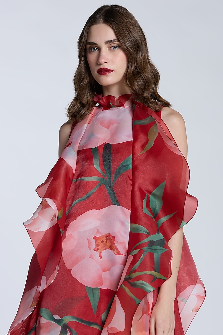 Red & Pink Organza Printed High-Low Shift Party Wear Dress by Gauri and Nainika at Pernia's Pop Up Shop