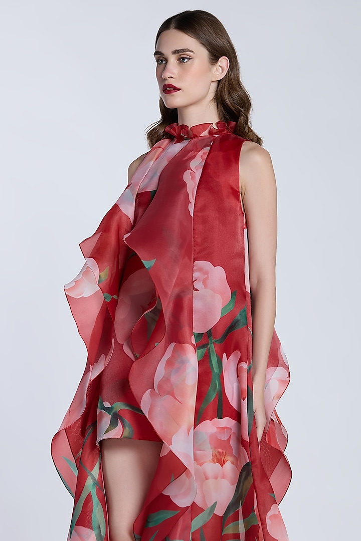 Red & Pink Organza Printed High-Low Shift Party Wear Dress by Gauri and Nainika at Pernia's Pop Up Shop