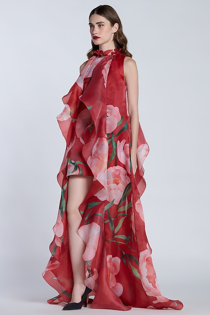 Red & Pink Organza Printed High-Low Shift Party Wear Dress by Gauri and Nainika at Pernia's Pop Up Shop