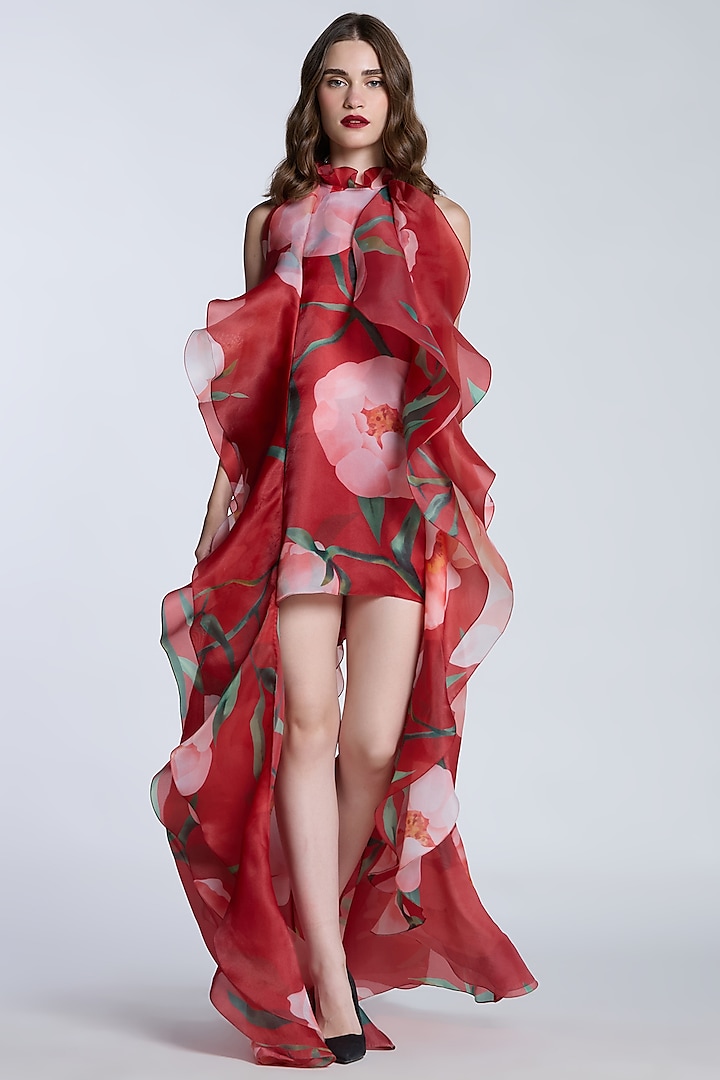 Red & Pink Organza Printed High-Low Shift Party Wear Dress by Gauri and Nainika at Pernia's Pop Up Shop
