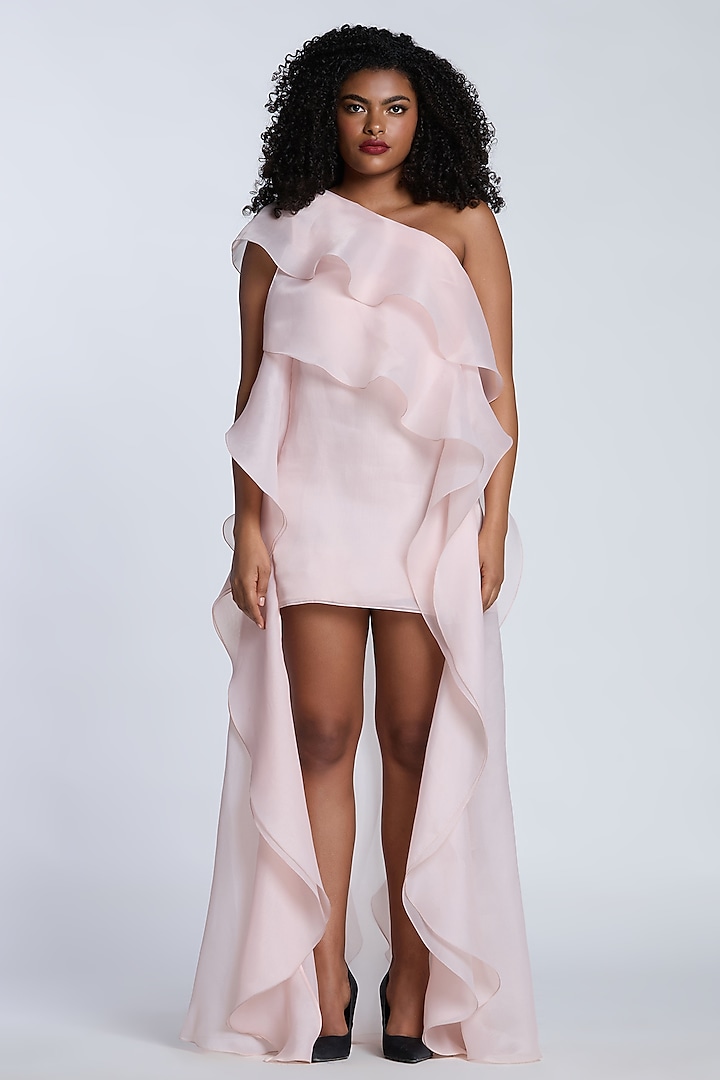 Light Pink Organza One-Shoulder Shift Party Wear Dress by Gauri and Nainika at Pernia's Pop Up Shop