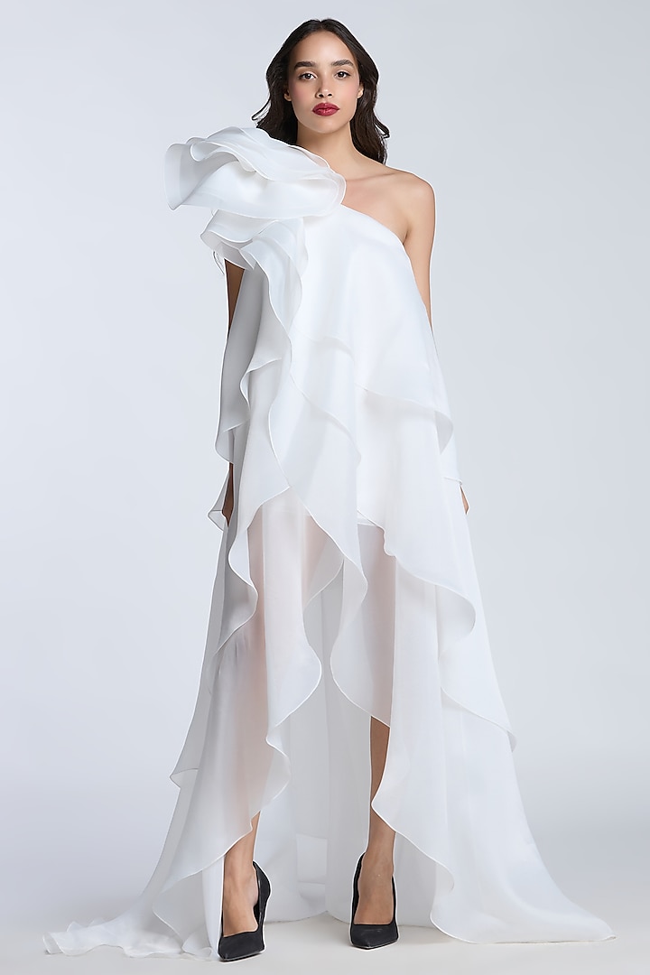 Ivory Organza One-Shoulder Party Wear Dress by Gauri and Nainika at Pernia's Pop Up Shop