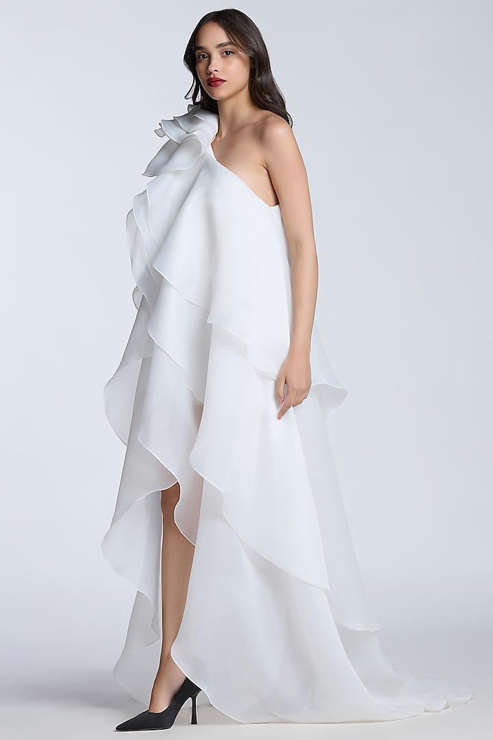 Ivory Organza One-Shoulder Party Wear Dress by Gauri and Nainika at Pernia's Pop Up Shop