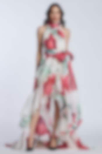 Ivory & Red Organza Printed Party Wear Dress by Gauri and Nainika at Pernia's Pop Up Shop