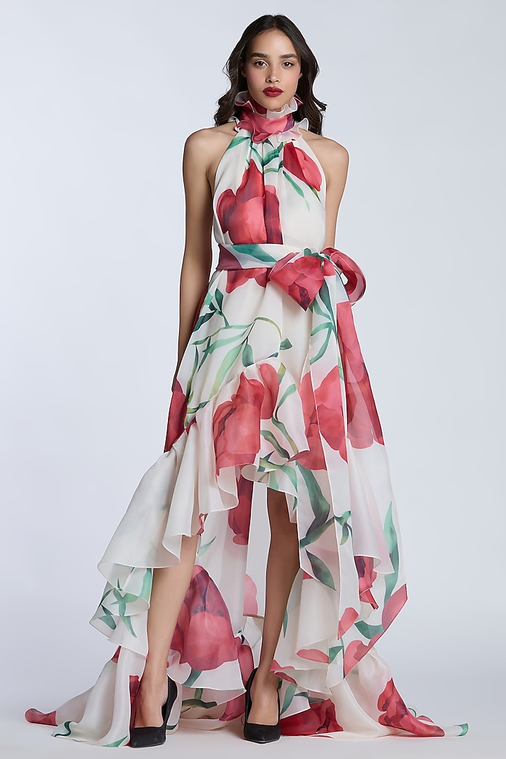 Ivory & Red Organza Printed Party Wear Dress by Gauri and Nainika at Pernia's Pop Up Shop