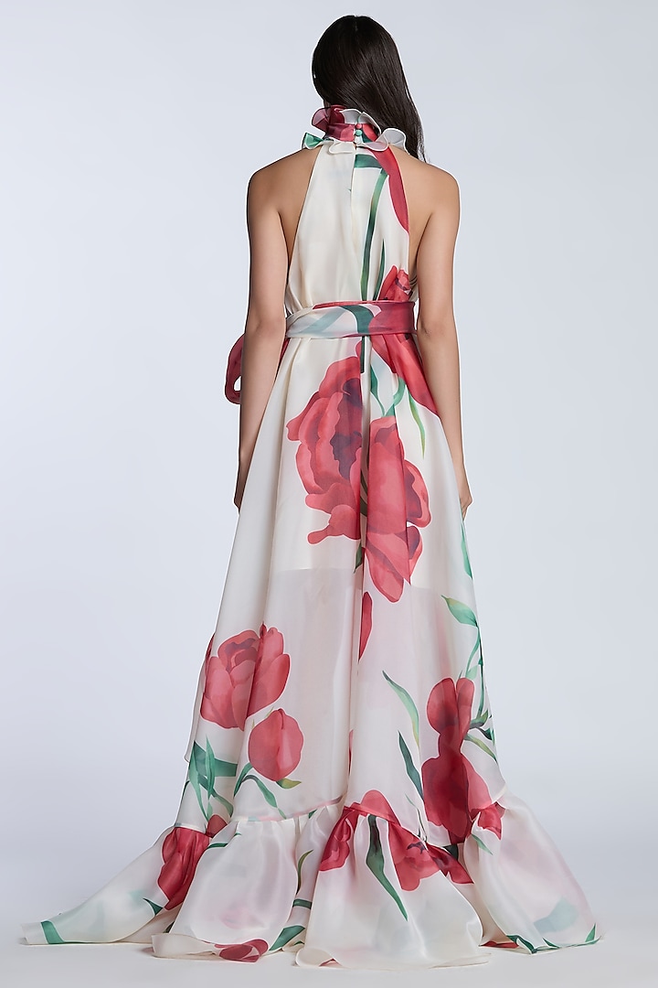 Ivory & Red Organza Printed Party Wear Dress by Gauri and Nainika at Pernia's Pop Up Shop