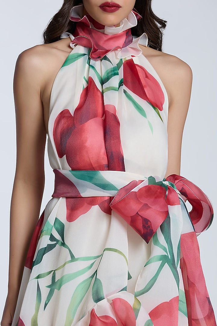 Ivory & Red Organza Printed Party Wear Dress by Gauri and Nainika at Pernia's Pop Up Shop