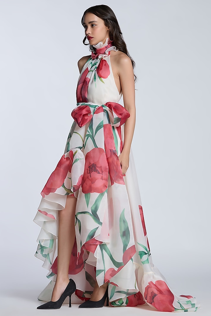 Ivory & Red Organza Printed Party Wear Dress by Gauri and Nainika at Pernia's Pop Up Shop
