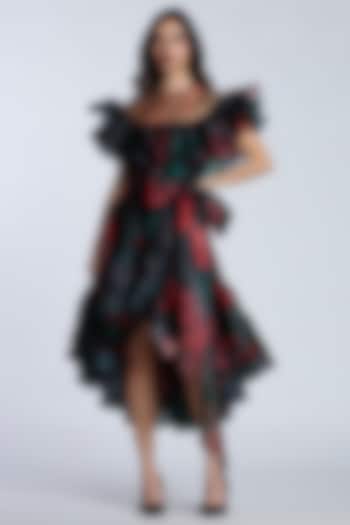 Black & Red Organza Printed High-Low Party Wear Dress by Gauri and Nainika at Pernia's Pop Up Shop
