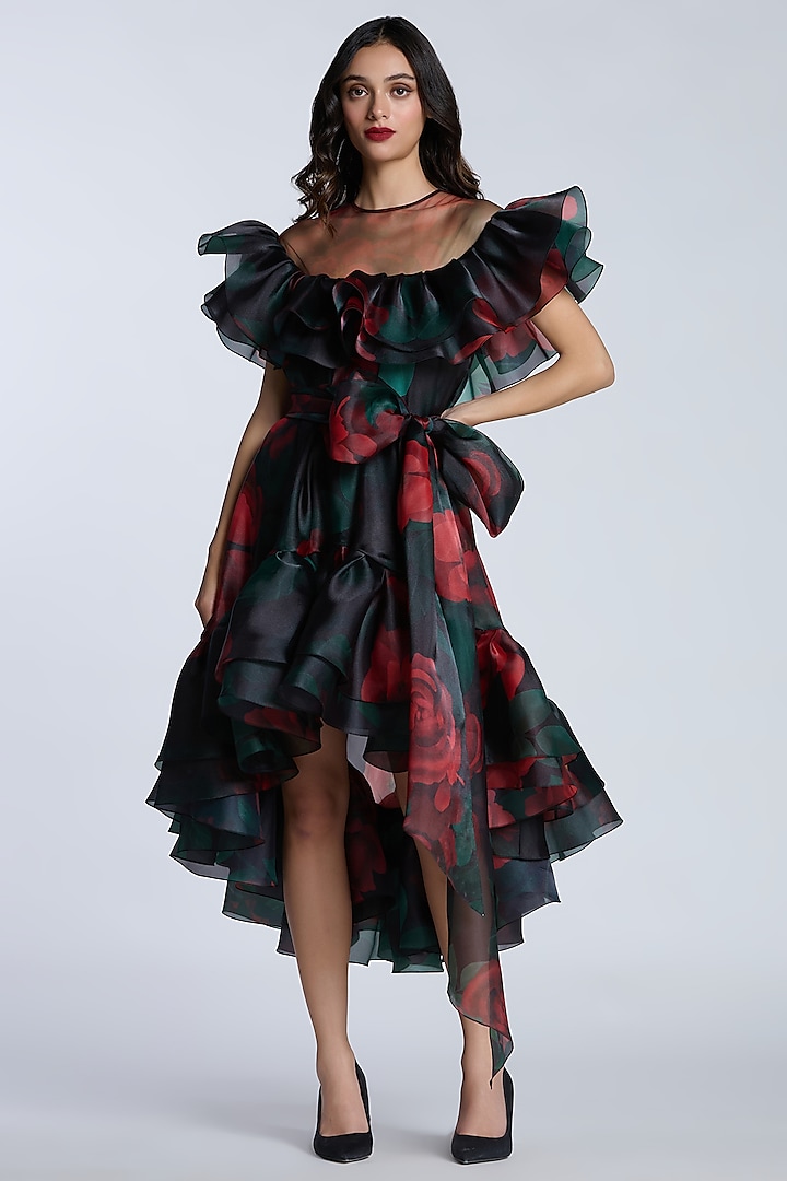 Black & Red Organza Printed High-Low Party Wear Dress by Gauri and Nainika at Pernia's Pop Up Shop
