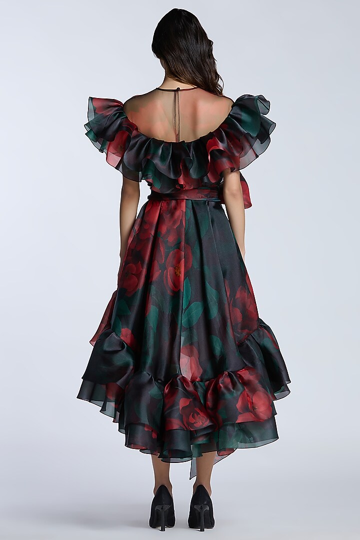 Black & Red Organza Printed High-Low Party Wear Dress by Gauri and Nainika at Pernia's Pop Up Shop