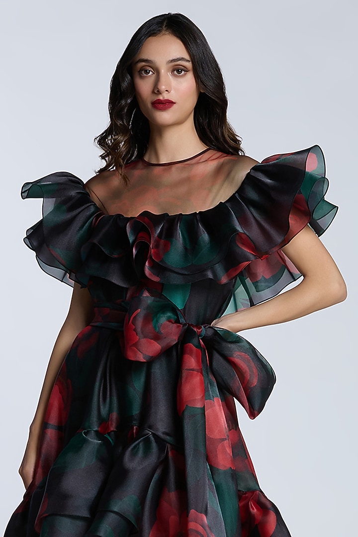 Black & Red Organza Printed High-Low Party Wear Dress by Gauri and Nainika at Pernia's Pop Up Shop