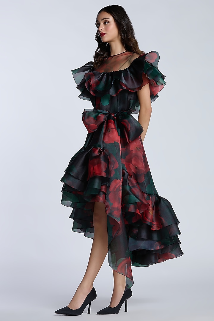 Black & Red Organza Printed High-Low Party Wear Dress by Gauri and Nainika at Pernia's Pop Up Shop