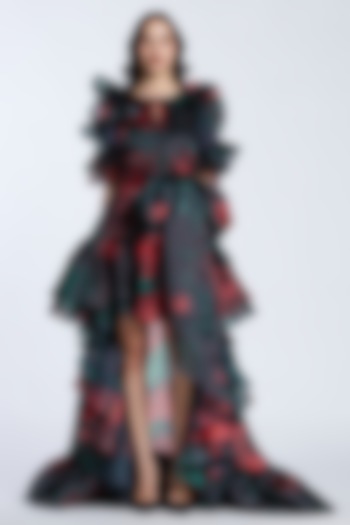 Black & Red Organza Printed Cold-Shoulder Party Wear Dress by Gauri and Nainika at Pernia's Pop Up Shop