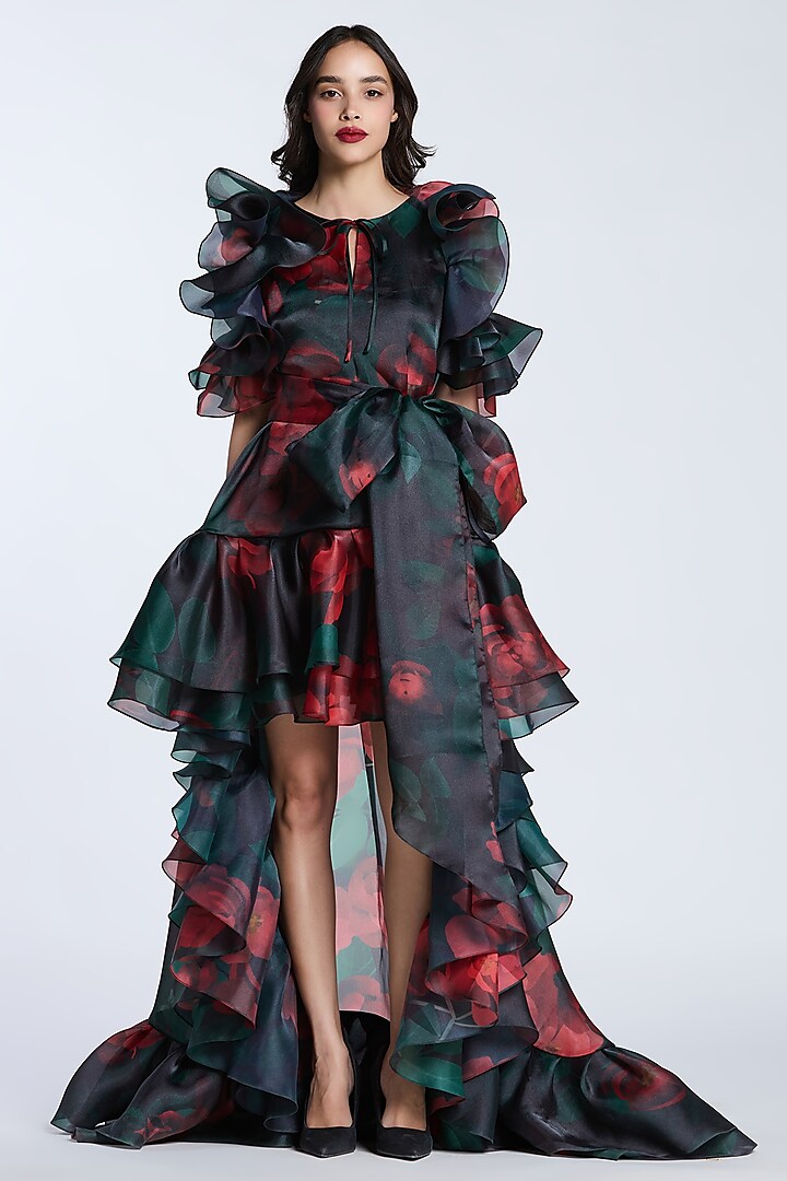 Black & Red Organza Printed Cold-Shoulder Party Wear Dress by Gauri and Nainika at Pernia's Pop Up Shop