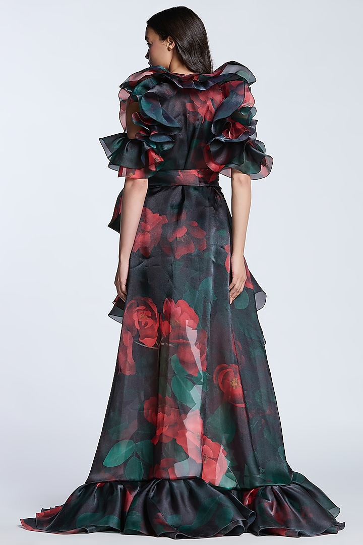 Black & Red Organza Printed Cold-Shoulder Party Wear Dress by Gauri and Nainika at Pernia's Pop Up Shop