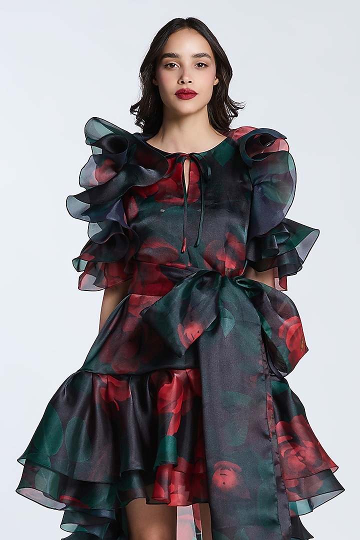 Black & Red Organza Printed Cold-Shoulder Party Wear Dress by Gauri and Nainika at Pernia's Pop Up Shop