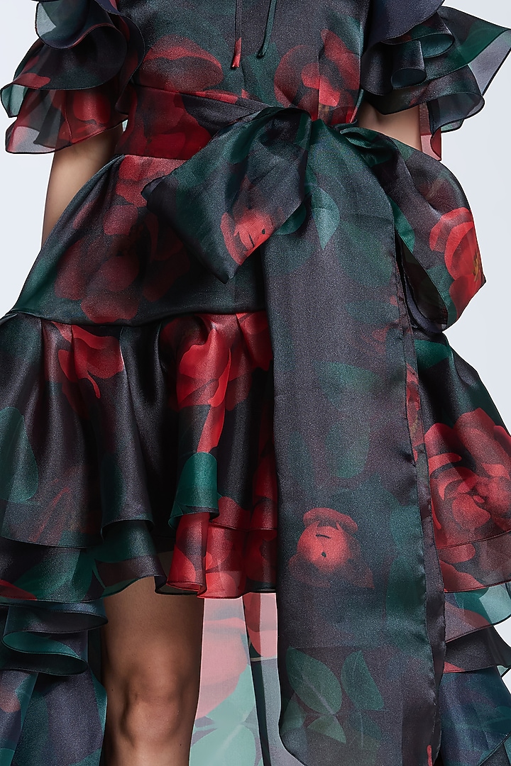 Black & Red Organza Printed Cold-Shoulder Party Wear Dress by Gauri and Nainika at Pernia's Pop Up Shop
