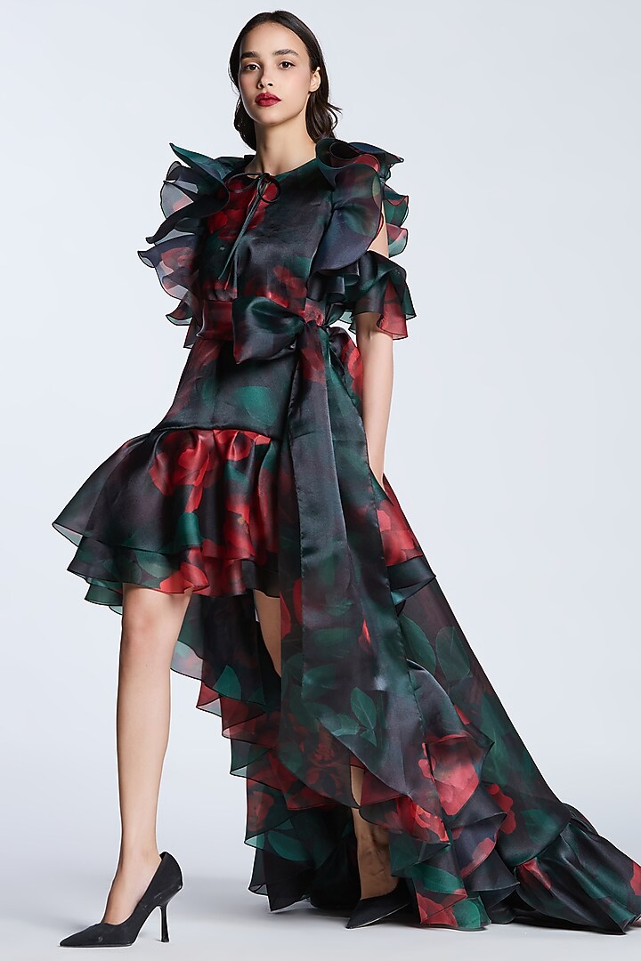 Black & Red Organza Printed Cold-Shoulder Party Wear Dress by Gauri and Nainika at Pernia's Pop Up Shop