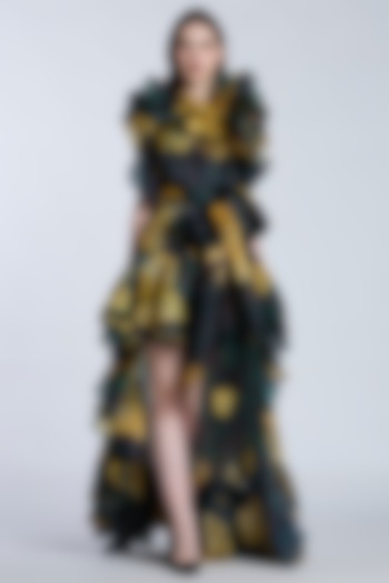Black & Yellow Organza Printed High-Low Party Wear Dress by Gauri and Nainika at Pernia's Pop Up Shop