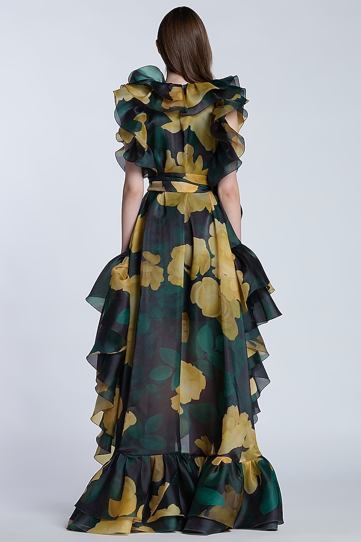 Black & Yellow Organza Printed High-Low Party Wear Dress by Gauri and Nainika at Pernia's Pop Up Shop