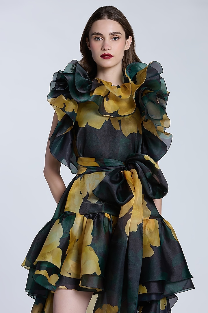 Black & Yellow Organza Printed High-Low Party Wear Dress by Gauri and Nainika at Pernia's Pop Up Shop