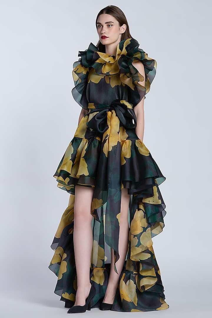 Black & Yellow Organza Printed High-Low Party Wear Dress by Gauri and Nainika at Pernia's Pop Up Shop