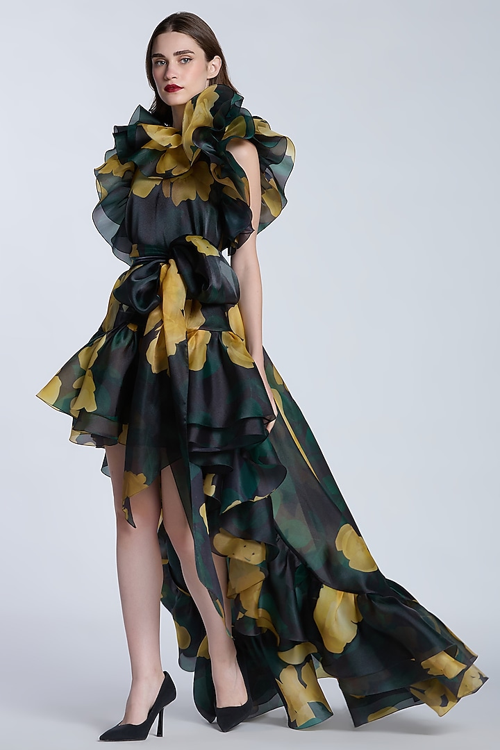Black & Yellow Organza Printed High-Low Party Wear Dress by Gauri and Nainika at Pernia's Pop Up Shop