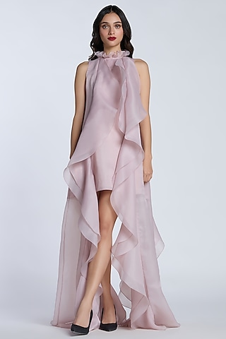 Oyster Pink Organza High-Low Shift Dress by Gauri and Nainika