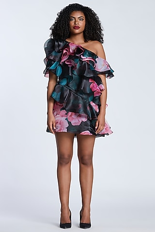 Black & Pink Organza Printed One-Shoulder Dress by Gauri and Nainika