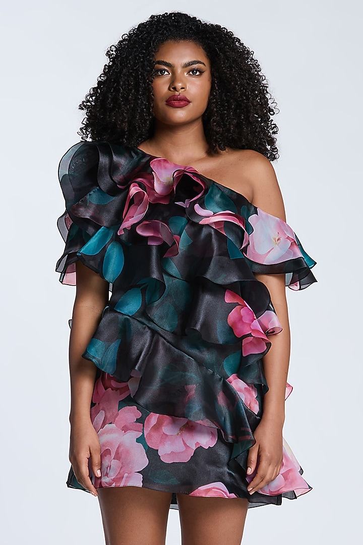 Black & Pink Organza Printed One-Shoulder Cocktail Dress by Gauri and Nainika at Pernia's Pop Up Shop