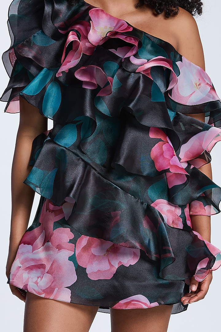 Black & Pink Organza Printed One-Shoulder Cocktail Dress by Gauri and Nainika at Pernia's Pop Up Shop