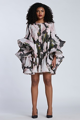 Black & Light Pink Chiffon Printed Mini Dress by Gauri and Nainika
