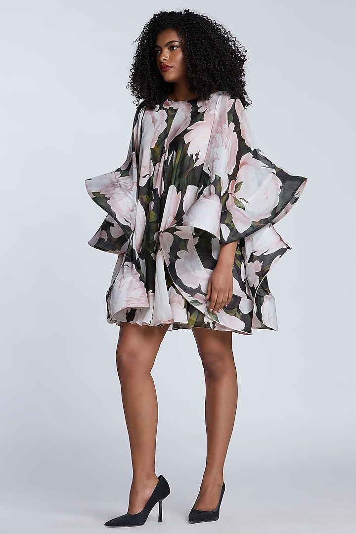 Black & Light Pink Chiffon Printed Mini Party Wear Dress by Gauri and Nainika at Pernia's Pop Up Shop
