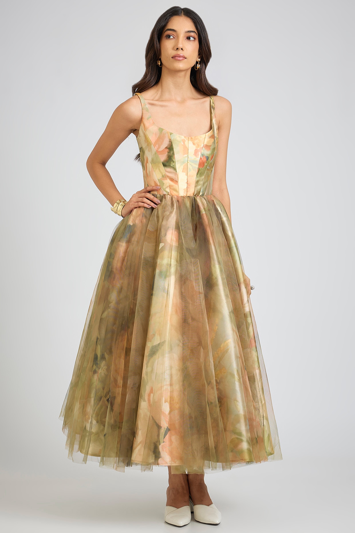 Gauri And Nainika Faded Victorian Mikado Printed Corset Midi Dress
