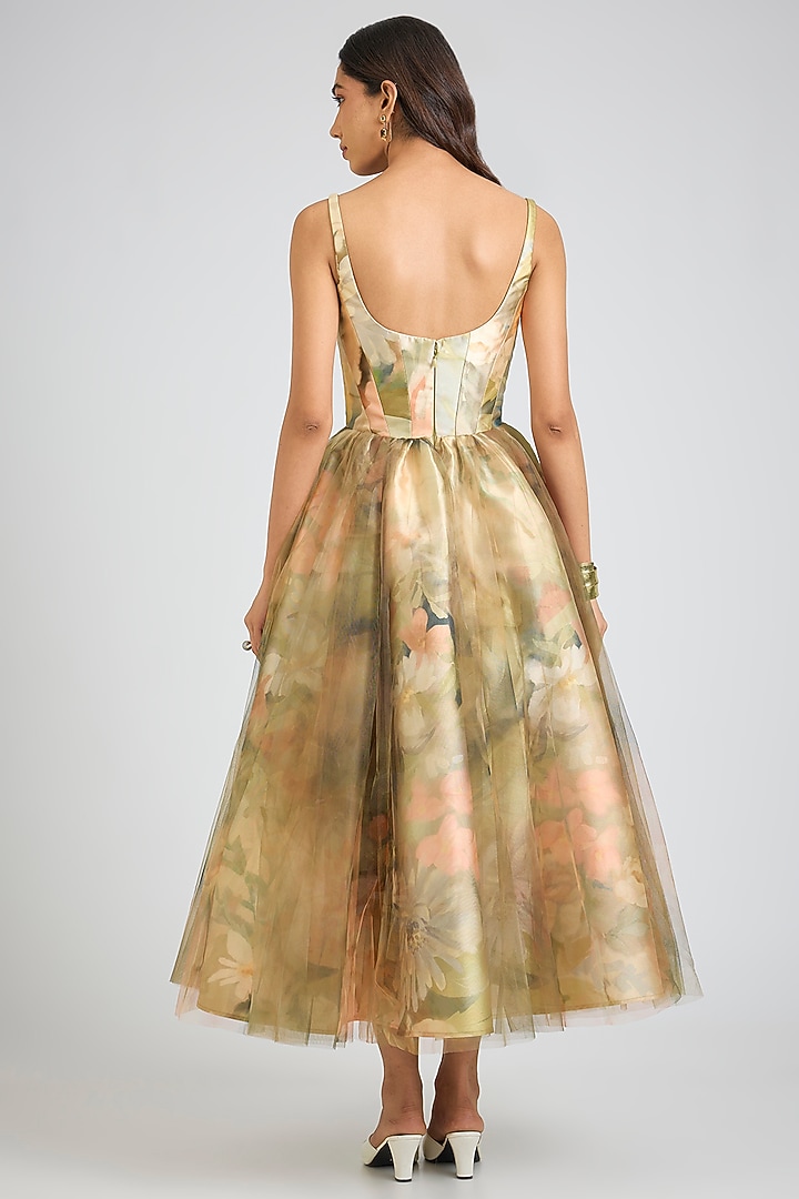 Faded Victorian Mikado Printed Corset Midi Party Wear Dress by Gauri And Nainika at Pernia's Pop Up Shop