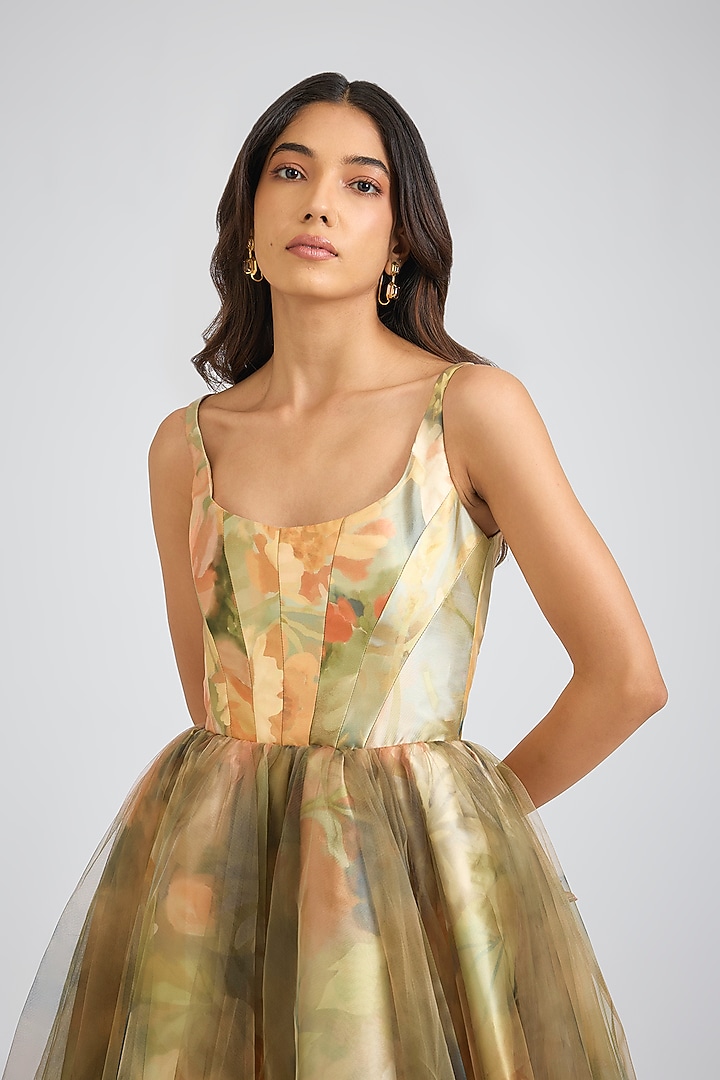 Faded Victorian Mikado Printed Corset Midi Party Wear Dress by Gauri And Nainika at Pernia's Pop Up Shop