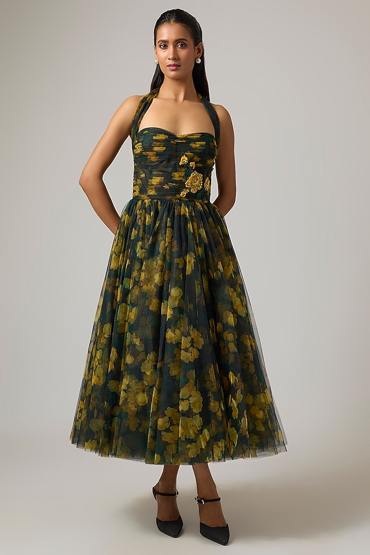 Multi-Colored Organza Halter Corset Party Wear Dress by Gauri And Nainika at Pernia's Pop Up Shop