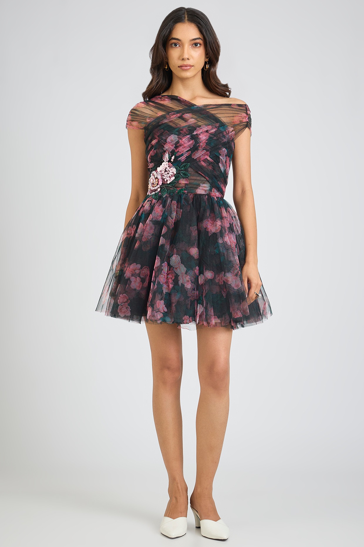 Gauri And Nainika Multi-Colored Tulle Rose Printed Off-Shoulder Mini Dress