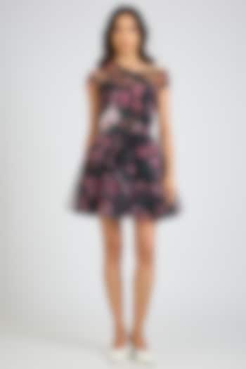Multi-Colored Tulle Rose Printed Off-Shoulder Mini Party Wear Dress by Gauri And Nainika at Pernia's Pop Up Shop