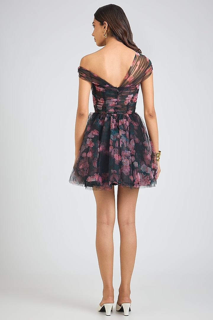 Multi-Colored Tulle Rose Printed Off-Shoulder Mini Party Wear Dress by Gauri And Nainika at Pernia's Pop Up Shop