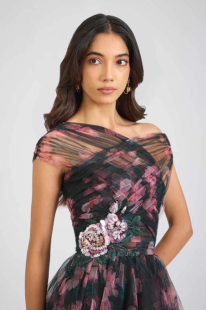 Multi-Colored Tulle Rose Printed Off-Shoulder Mini Party Wear Dress by Gauri And Nainika at Pernia's Pop Up Shop