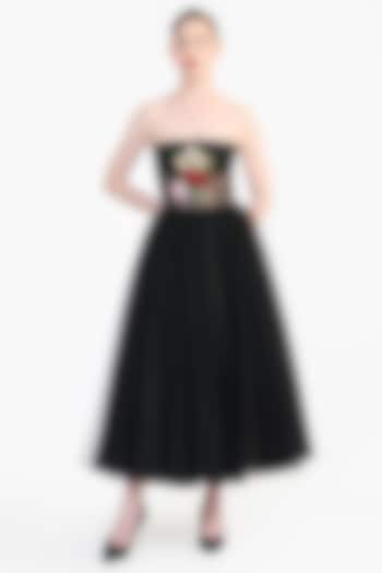 Black Tulle Floral Embroidered Corset Midi Party Wear Dress by Gauri And Nainika at Pernia's Pop Up Shop