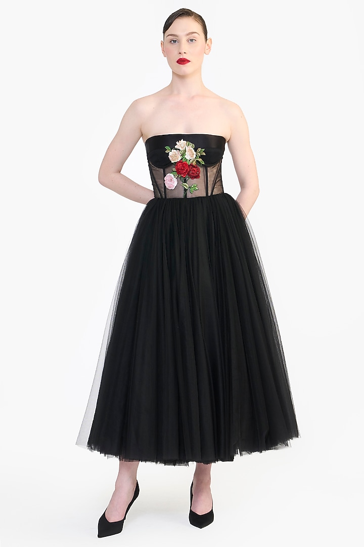 Black Tulle Floral Embroidered Corset Midi Party Wear Dress by Gauri And Nainika at Pernia's Pop Up Shop