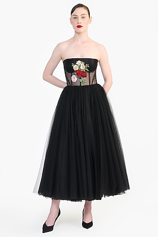 Black Tulle Floral Embroidered Corset Midi Dress by Gauri And Nainika