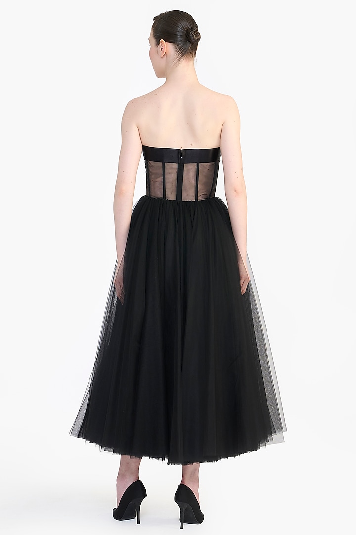 Black Tulle Floral Embroidered Corset Midi Party Wear Dress by Gauri And Nainika at Pernia's Pop Up Shop