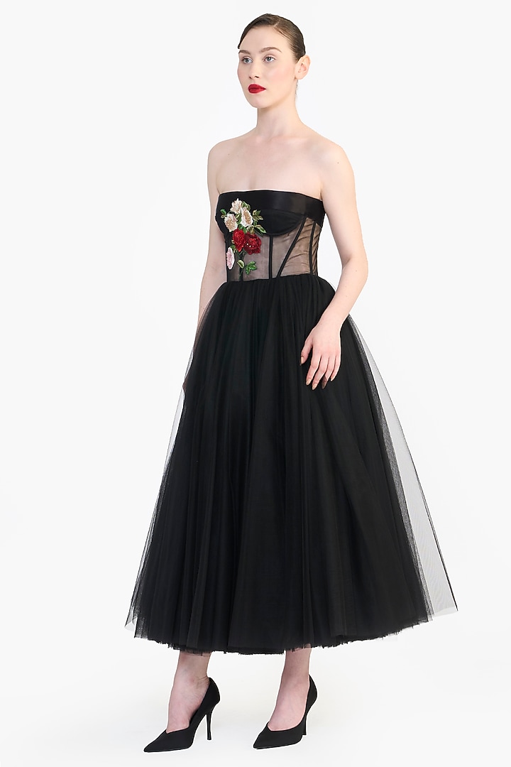 Black Tulle Floral Embroidered Corset Midi Party Wear Dress by Gauri And Nainika at Pernia's Pop Up Shop